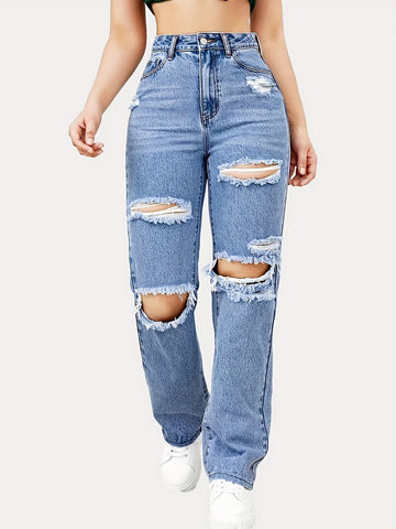 Blue Ripped Baggy Straight Jeans, Slash Pockets Distressed High Waist Loose Fit Denim Pants, Women's Denim Jeans & Clothing