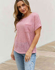 e.Luna Full Size Chunky Knit Short Sleeve Top in Mauve
