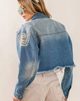 BiBi Pearl Detail Distressed Cropped Denim Jacket