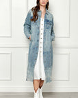 Veveret Full Size Distressed Raw Hem Pearl Detail Button Up Jacket