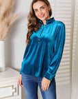 Double Take Notched Neck Buttoned Long Sleeve Blouse