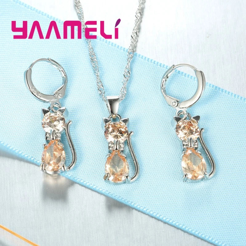 Woman Girls Shining Austrian Crystal Cute Cat Pendant Necklace Huggie Earring