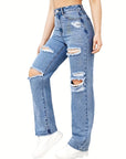 Blue Ripped Baggy Straight Jeans, Slash Pockets Distressed High Waist Loose Fit Denim Pants, Women's Denim Jeans & Clothing