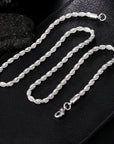 high quality silver color 4MM women men chain male twisted rope necklace bracelets fashion Silver jewelry Set